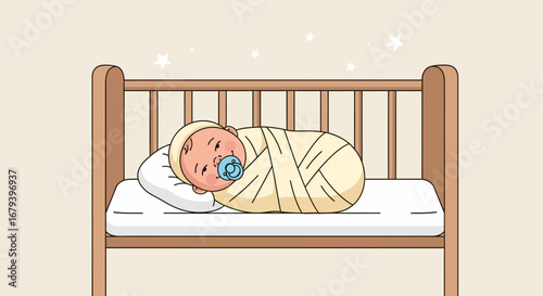 Sleeping Newborn Infant Wrapped in Blanket inside Wooden Crib during Peaceful Naptime