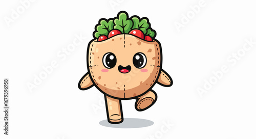 Cute Cartoon Pita Bread Character Walking.