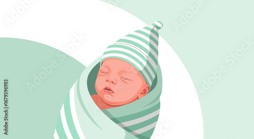 Sleeping Newborn Beautifully Swaddled with a Striped Hat and a Peaceful Expression
