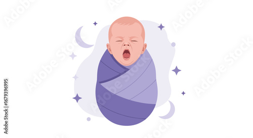 Sleeping Newborn Swaddled in Purple, Yawning Against a Pastel Starry Night Backdrop