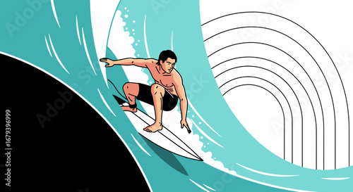 Surfer Rides Large Wave with Dramatic Style in Turquoise Water and Colorful Design