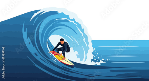 Surfer Riding a Giant Wave in the Ocean Illustration, Concept of Surfing and Competition