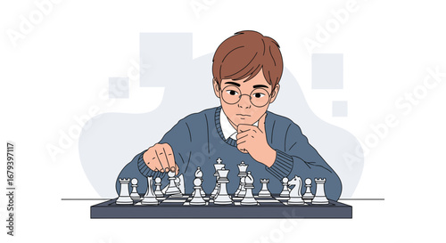Smart Young Man Playing Chess Thoughtfully and Planning His Next Move Illustration