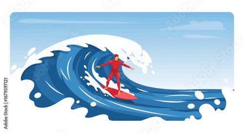Surfer riding a big wave in the ocean performing an action sports activity