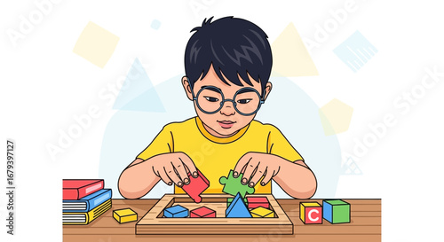 Smart Young Boy Engaged In Learning Through Play With Colorful Wooden Puzzles