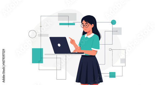 Smart Female Working with Laptop and Technological Design Elements to Visualize Modern Concepts