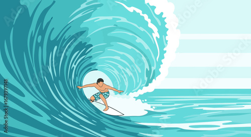 Surfer riding a giant wave in the ocean with a sunny day vector illustration
