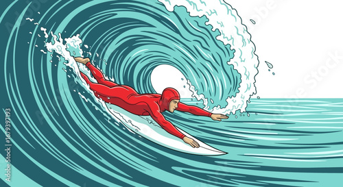 Surfer Riding a Huge Wave in the Ocean, Action Sport Illustration, Vibrant Colors