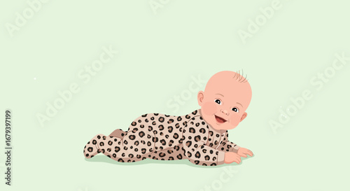 Smiling Baby Crawling Forward In A Fun Leopard Print Onesie, Adorable And Happy