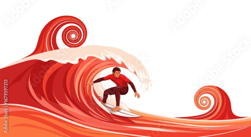Surfer riding a vibrant red wave, embodying energy and the thrill of surfing, vector art
