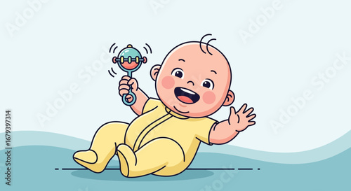 Smiling Baby Holding a Rattle in A Whimsical Illustration with Joyful Animation