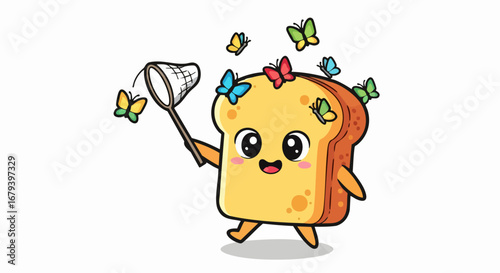 Cartoon Toast Catching Butterflies with a Net, Cute Food Illustration.