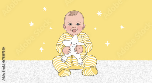 Smiling Baby Holding Star Toy on a Yellow Background for Illustrative Purposes