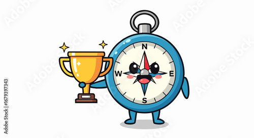 Cute Compass Character Holding a Trophy.