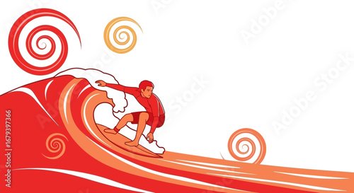Surfer Riding a Wave Illustration in a Modern Abstract Style with Orange and Red Colors