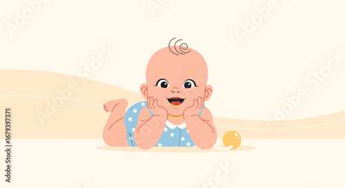 Smiling baby in blue romper lying on stomach looking happy and cheerful