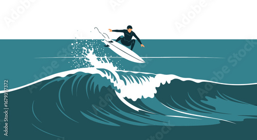 Surfer riding a wave illustration in a minimalist retro-style design