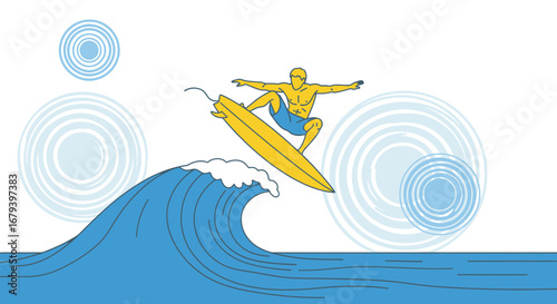 Surfer riding a wave illustration representing travel and sport adventure in summer