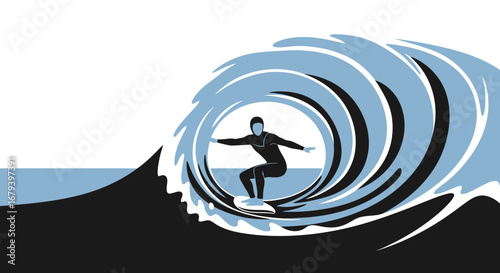 Surfer riding a wave in a minimalist illustration style featuring surfing and ocean