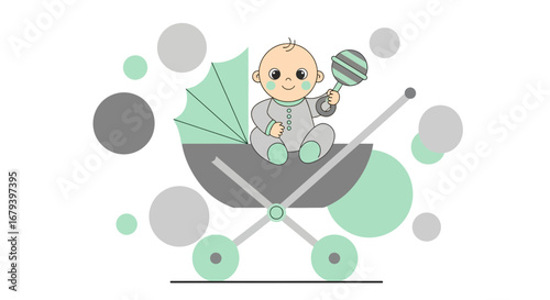 Smiling Baby In Stroller With Rattle Amidst Abstract Geometric Design