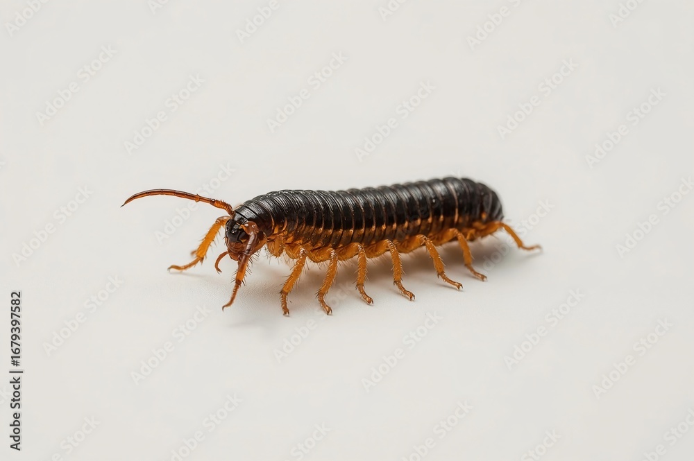 Fototapeta premium Millipede crawling, white background, studio shot, insect