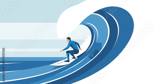 Surfer riding a wave in the ocean, illustration of an extreme water sport