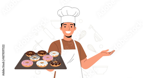 Smiling Baker Presents Baked Goods Freshly Made Donuts On Tray For Dessert
