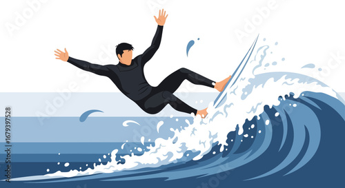 Surfer riding a wave in the ocean, surfing with a surfboard and sport activity