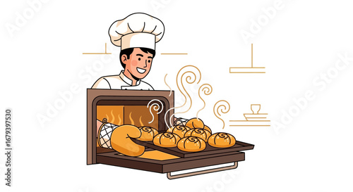 Smiling Baker Pulling Out Golden Freshly Baked Bread From The Oven