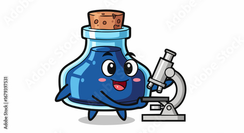 Cartoon Potion Bottle Character Using Microscope for Science.