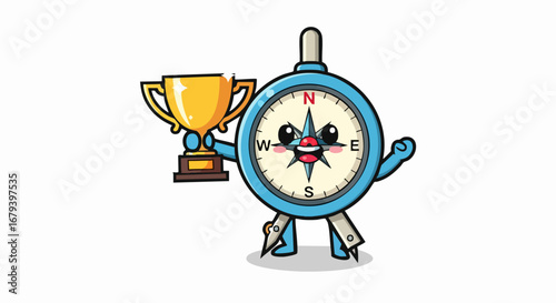 Cartoon Compass Character Holding a Trophy Celebrating Victory.