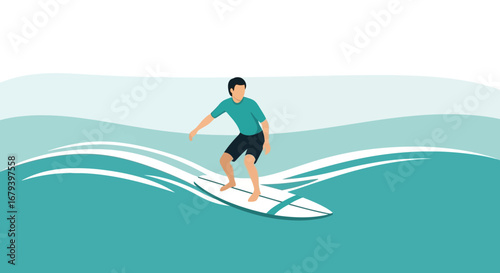 Surfer Riding a Wave on a Surfboard, Ocean Recreation and Water Sport Illustration
