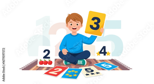 Smiling Boy Demonstrating Number Recognition On Cards For Early Education Projects