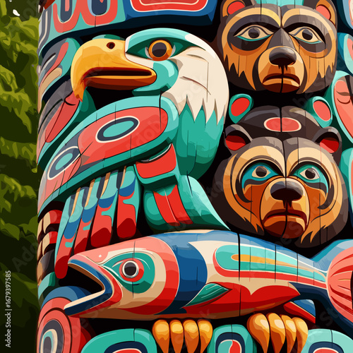 Colorful totem pole, artistic style, depicting animals and symbols of indigenous culture