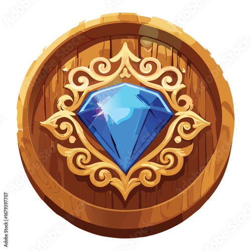 Regal circular wooden emblem with a prominent blue diamond and a beautifully carved golden filigree border, a detailed and elegant ornamental piece