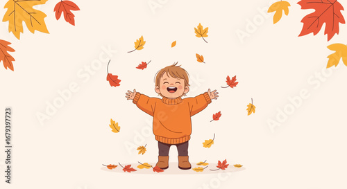 Smiling Child Playing With Leaves, Autumnal Fun And Playfulness, Cartoon Illustration