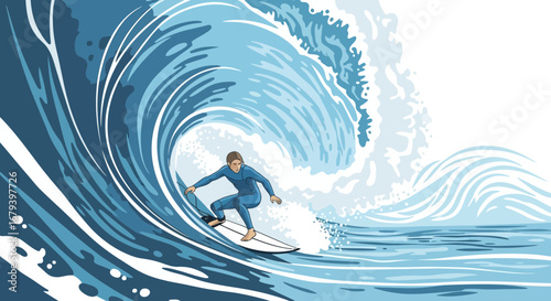 Surfer Riding Enormous Wave Vector Illustration in Ocean With Dynamic Motion