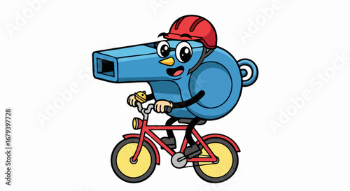 Cartoon Whistle Character Riding a Bicycle.