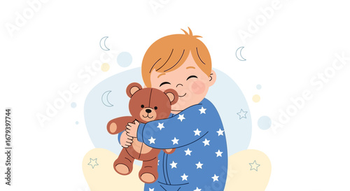 Smiling Child Hugging Teddy Bear And Dreaming Sweet Dreams On A Cloudy Night