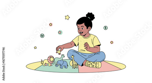 Smiling Child Plays With Animal Toys on a Play Mat and Sparkles with Joyous Enthusiasm