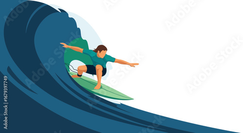 Surfer Riding Huge Ocean Wave In Vivid Colors Depicting The Excitement Of Surfing in Summer