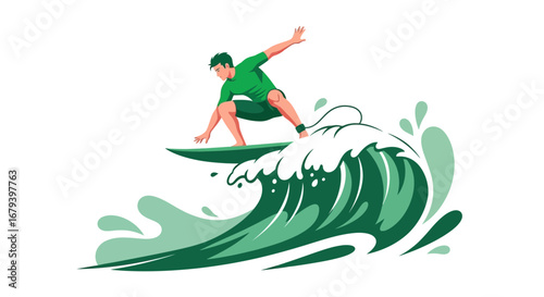 Surfer Riding Green Wave Vector Illustration for Sports and Adventure Designs