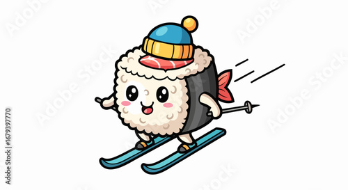 Cute Sushi Character Skiing Downhill with Ski Poles and Winter Hat.