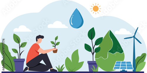 Sustainable Lifestyle with Renewable Energy and Plant Care