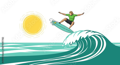 Surfer Riding Magnificent Wave Under The Sunny Sky With Artistic Illustration