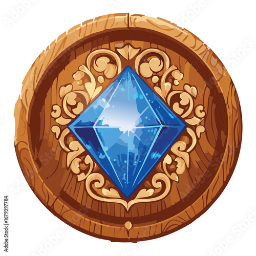 Ornate circular wooden disc with a sparkling blue diamond, a simple yet elegant design with a natural, rustic feel and clean lines