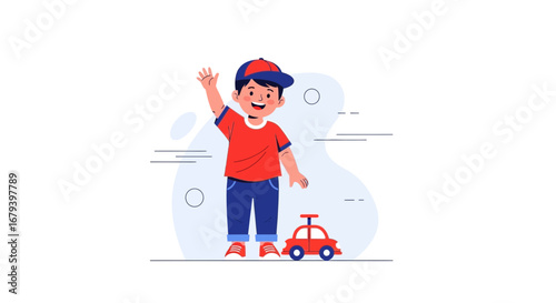 Smiling Child Waves At Viewer Beside Red Toy Car in Colorful Illustration