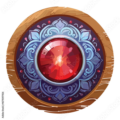 Ornate circular wooden ornament with a radiant red gemstone and a beautiful blue and golden filigree pattern, a stunning vintage design