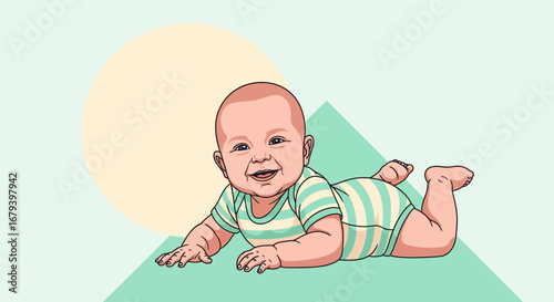Smiling Infant Crawling On An Abstract Background Expressing Joyful Moments Creatively Displayed