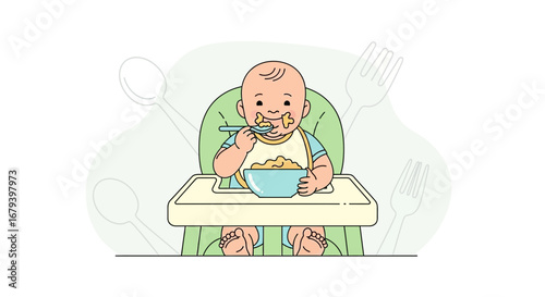 Smiling Infant Enjoying Food, Sitting in Highchair, Eating with Spoon, Colorful Vector Illustration